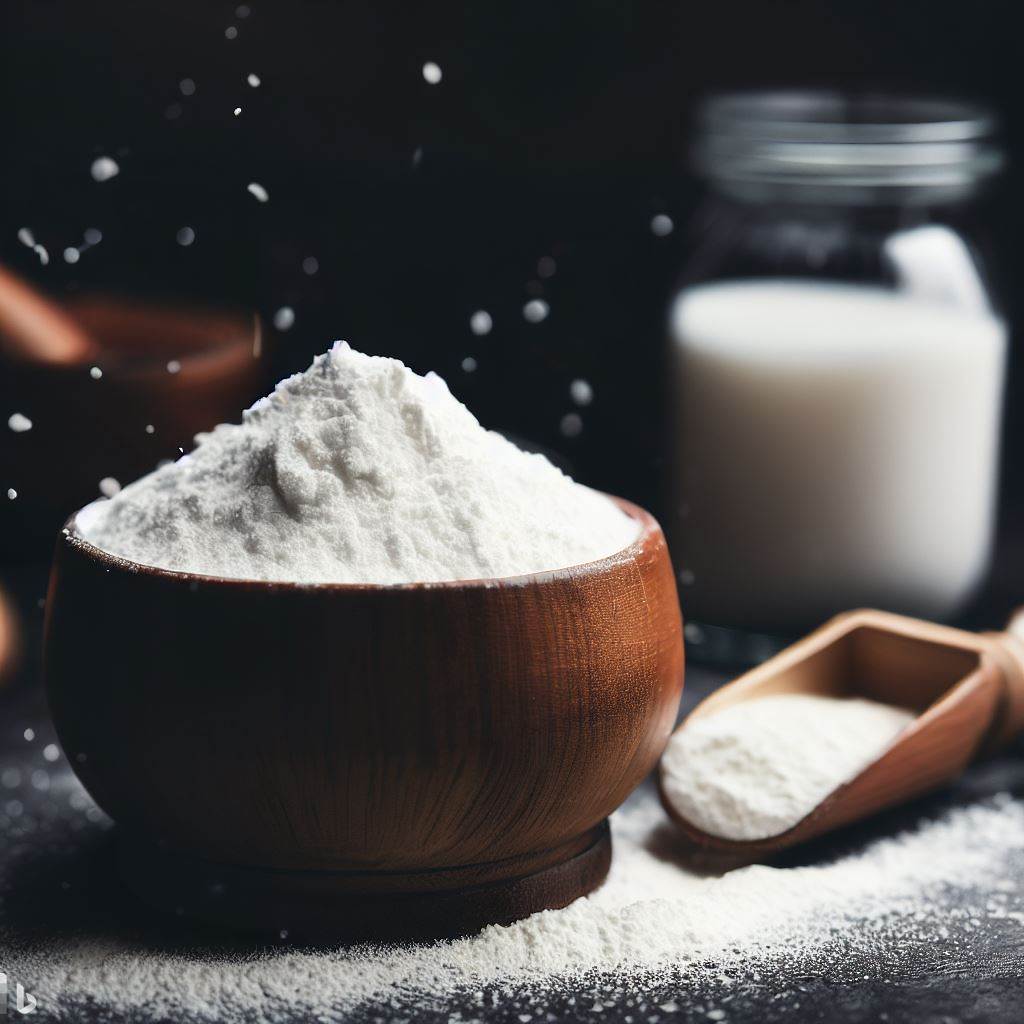 bowl de madeira com cratina dentro (um pó branco), ao lado de uma colher de madeira e com um fundo preto.